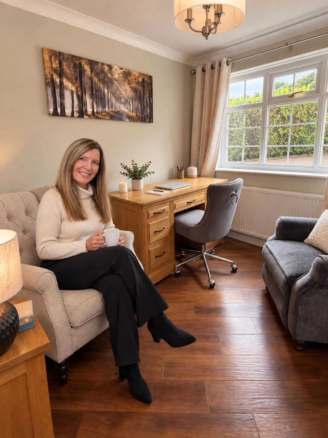 Simone, founder of Calm Mind Hypnotherapy, sitting in her consulting room with a cup of tea